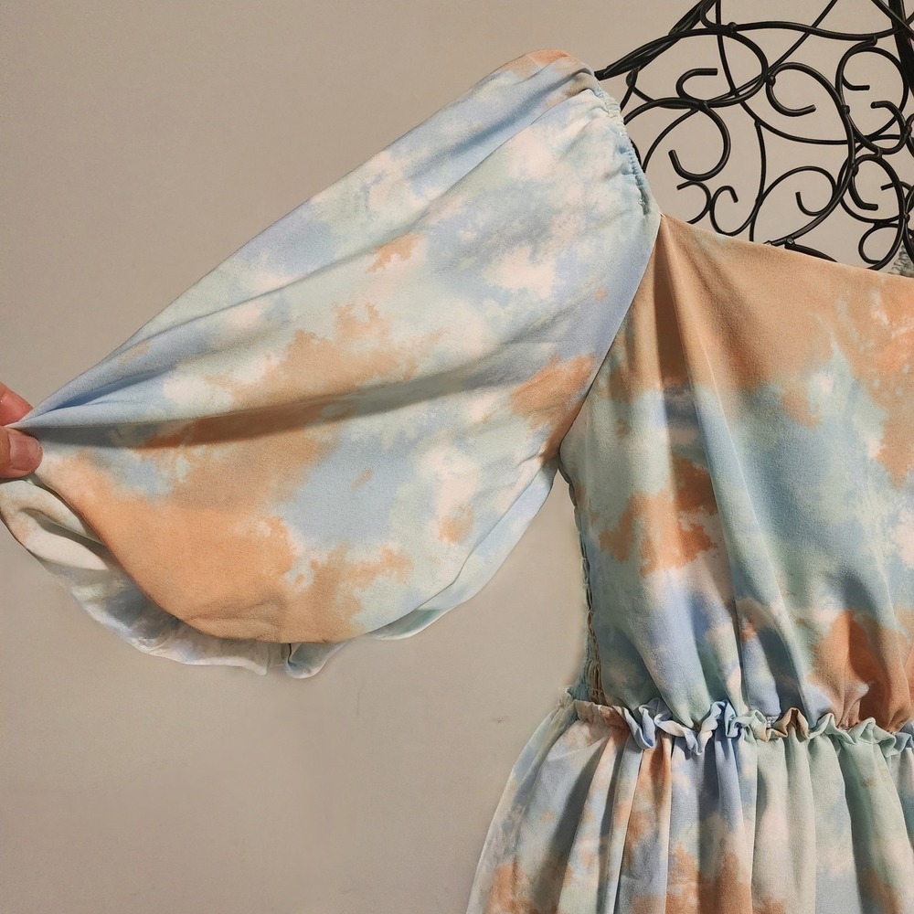 Tie Dye Tiered Maxi Dress Puff Sleeve Blue Orange Boho Size Medium - Picture 4 of 9